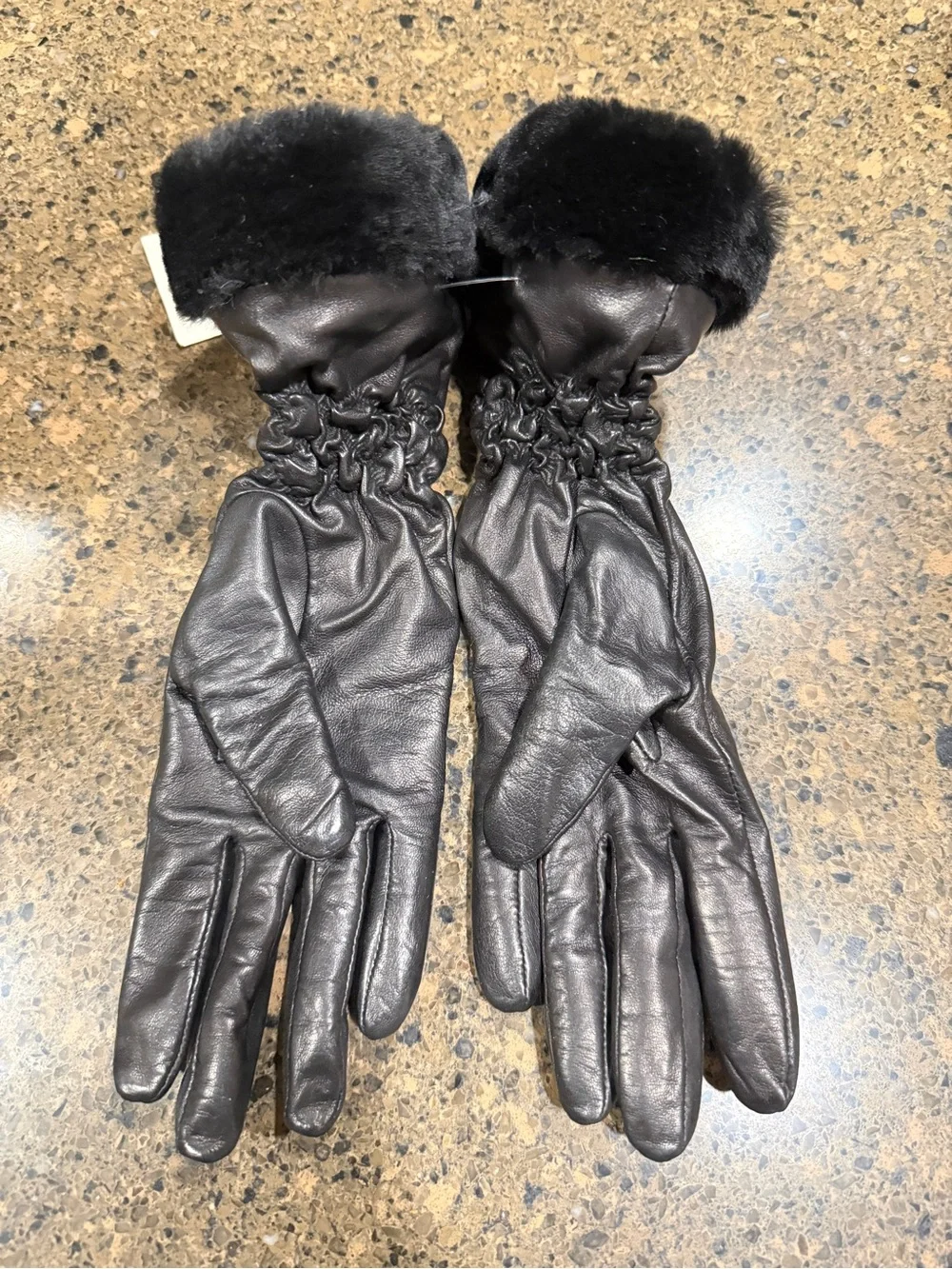 UGG Black Leather Gloves with Fur Trim
